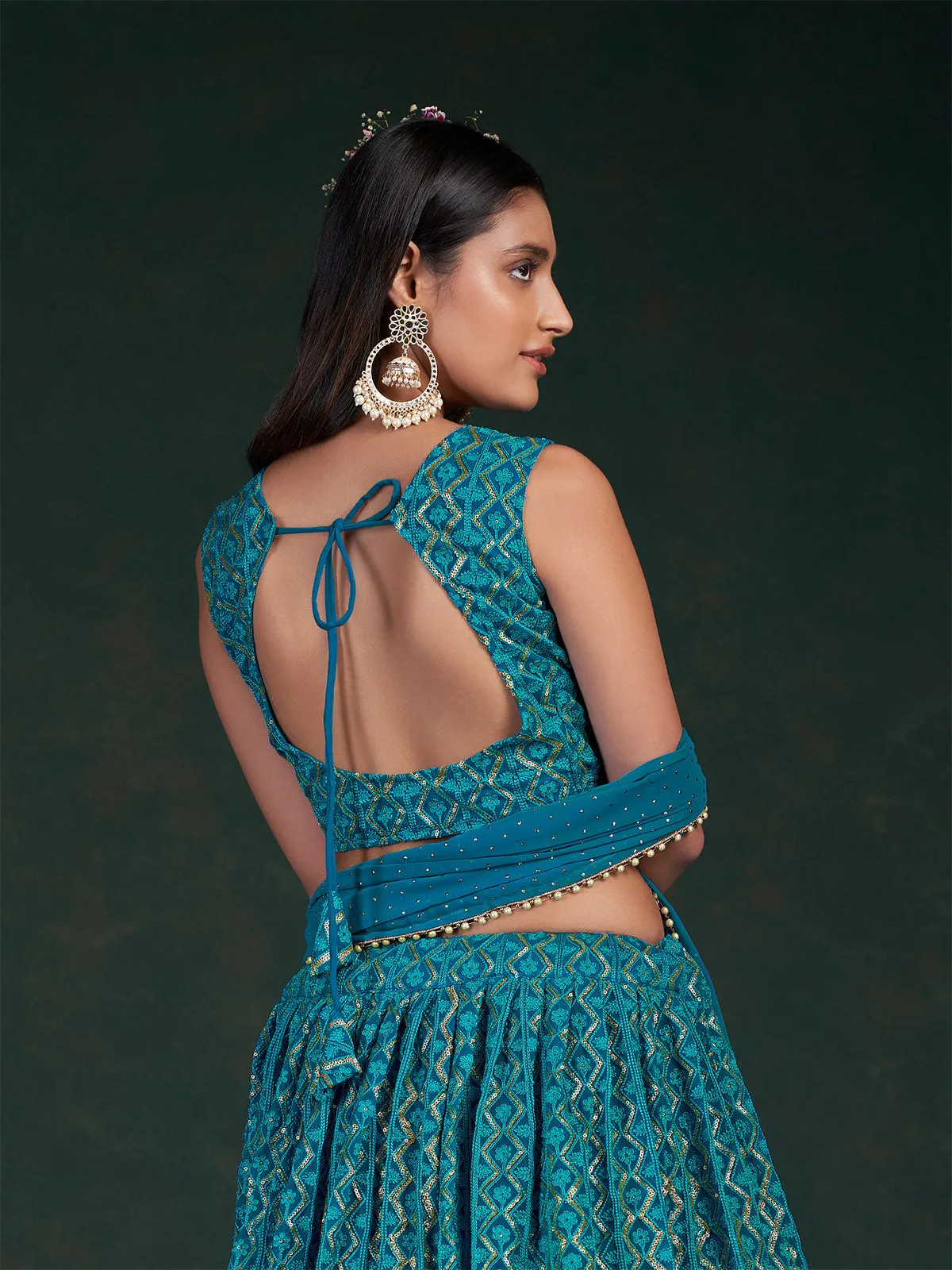 Teal Embroidered Bridal Semi Stitched Lehenga With  Unstitched Blouse