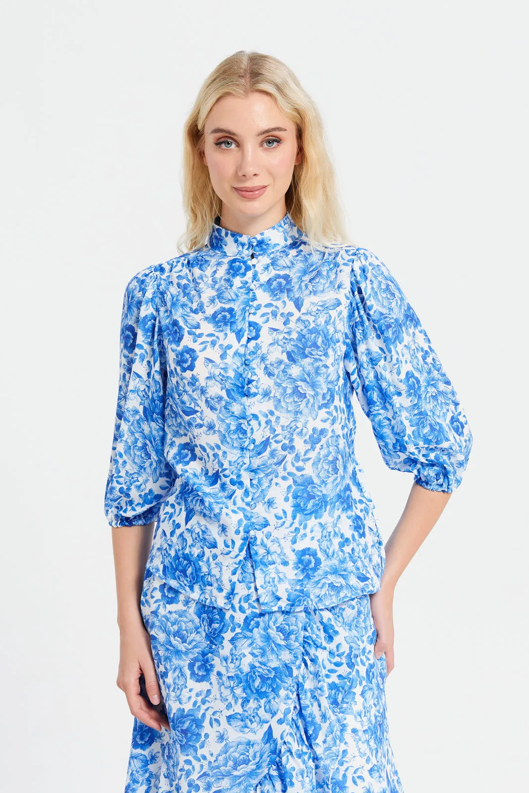 Women Blue Printed Shirt Blouse