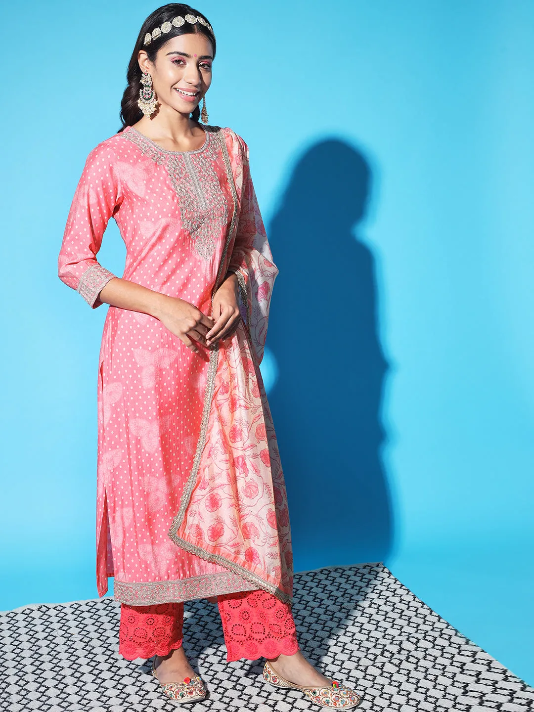 Women Pink Chanderi Straight Kurta Trouser and Dupatta