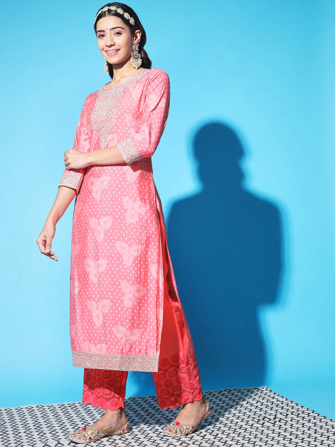 Women Pink Chanderi Straight Kurta Trouser and Dupatta