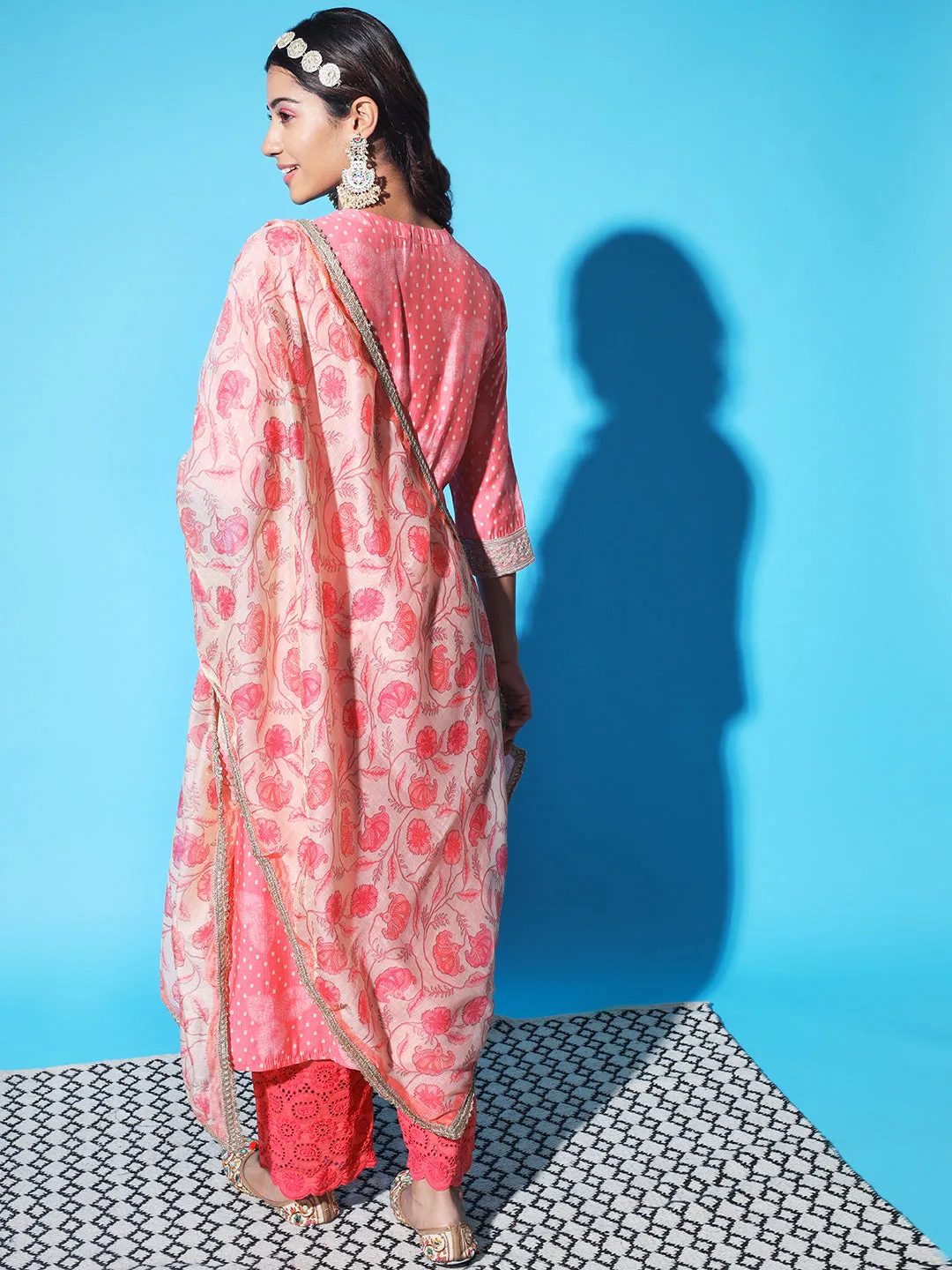 Women Pink Chanderi Straight Kurta Trouser and Dupatta