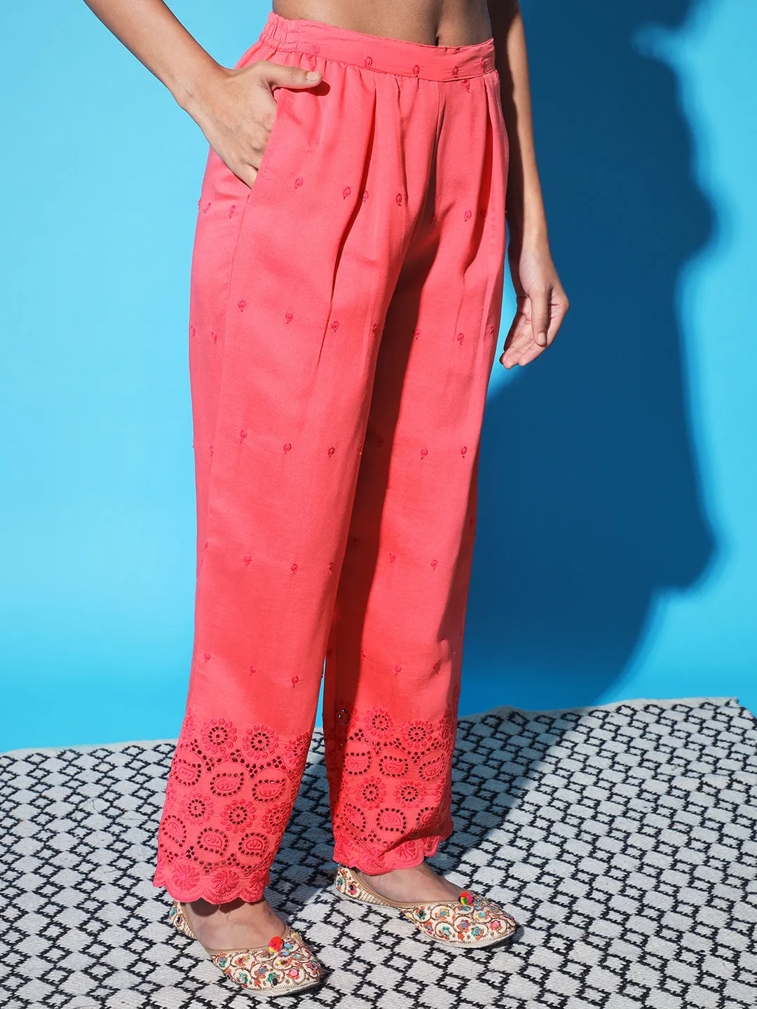 Women Pink Chanderi Straight Kurta Trouser and Dupatta