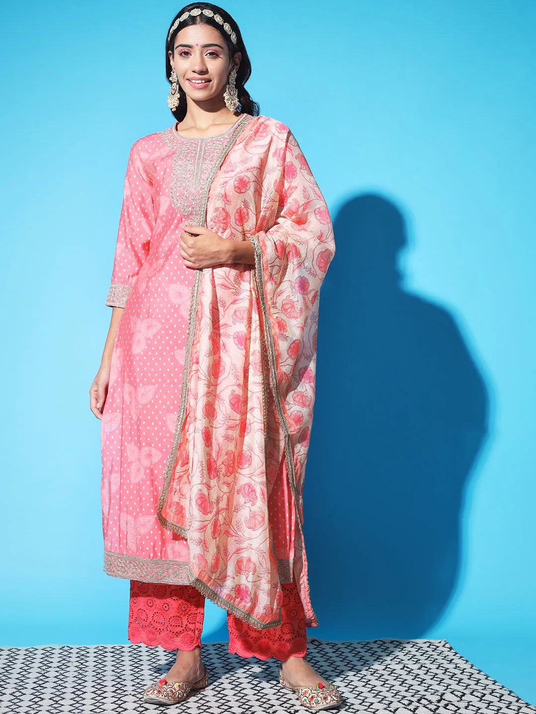 Women Pink Chanderi Straight Kurta Trouser and Dupatta