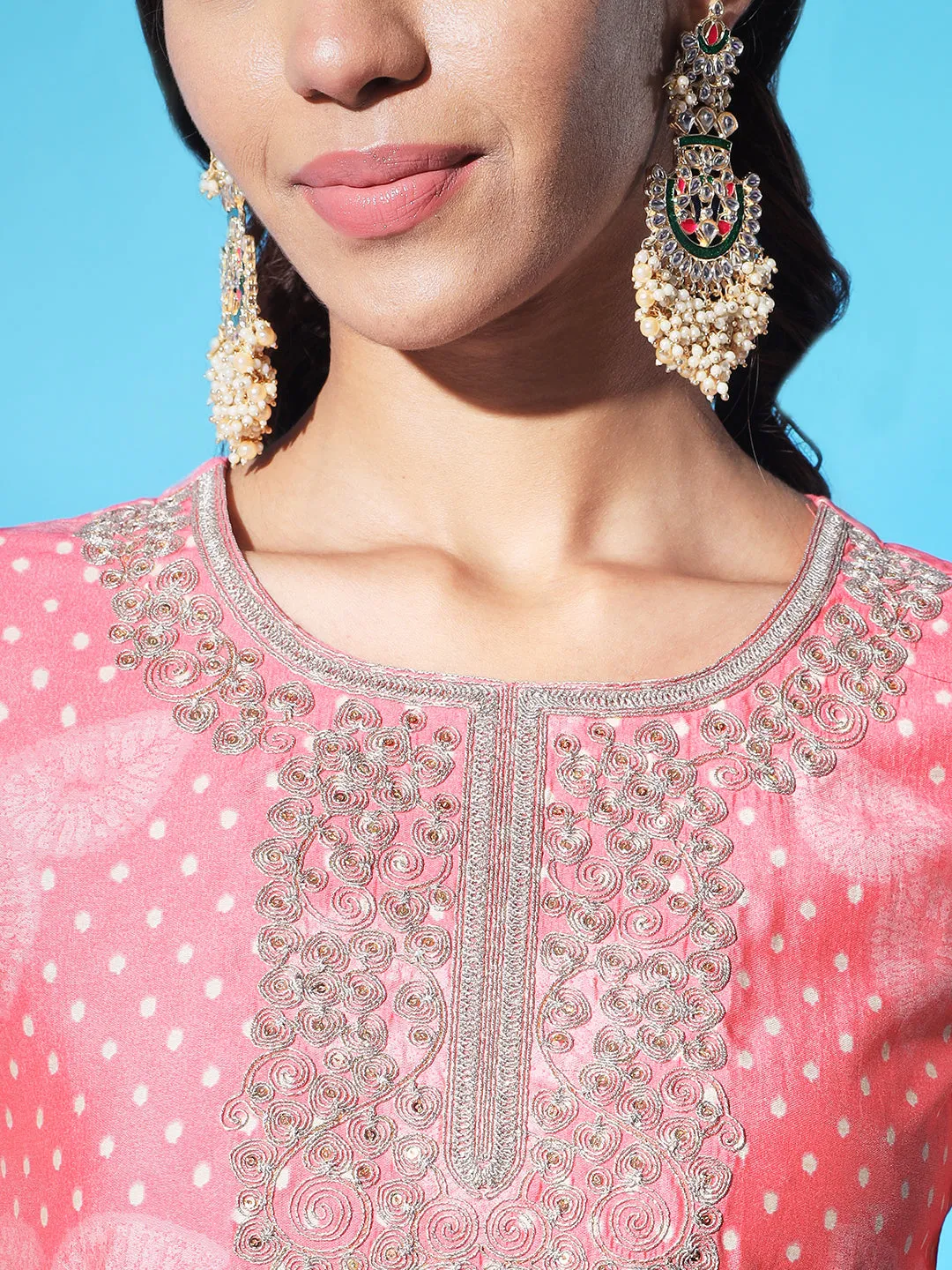 Women Pink Chanderi Straight Kurta Trouser and Dupatta