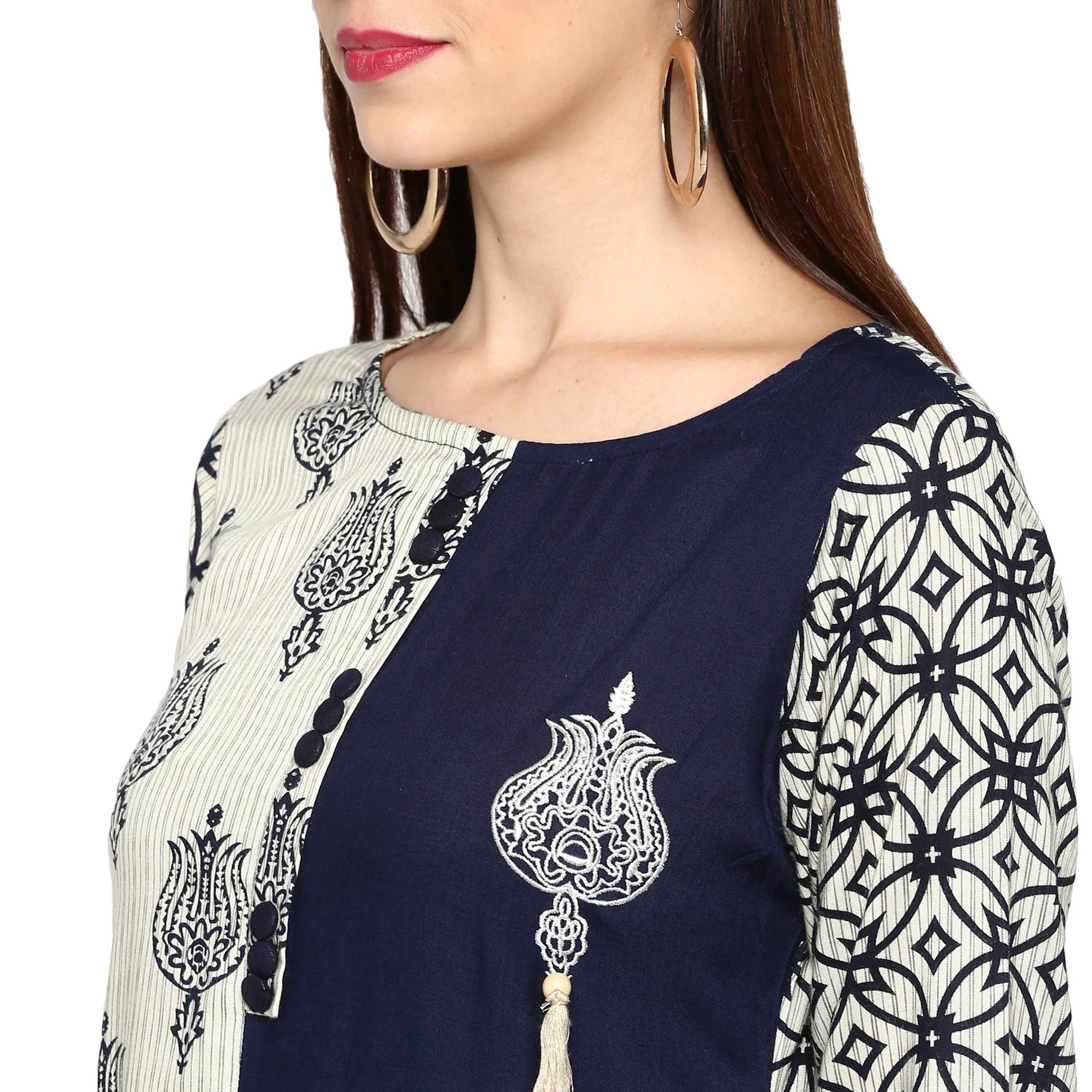Women'S Blue & White Rayon Straight Kurta- (1Pc Set)