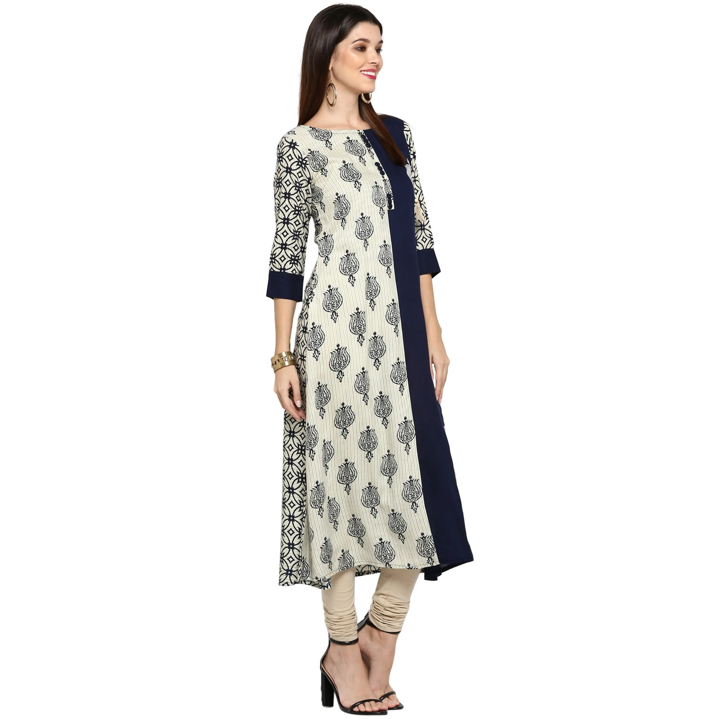 Women'S Blue & White Rayon Straight Kurta- (1Pc Set)