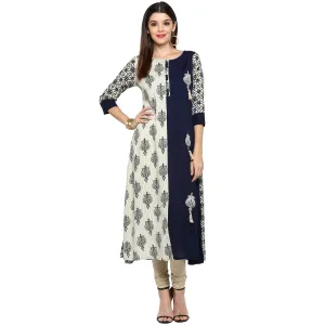 Women'S Blue & White Rayon Straight Kurta- (1Pc Set)