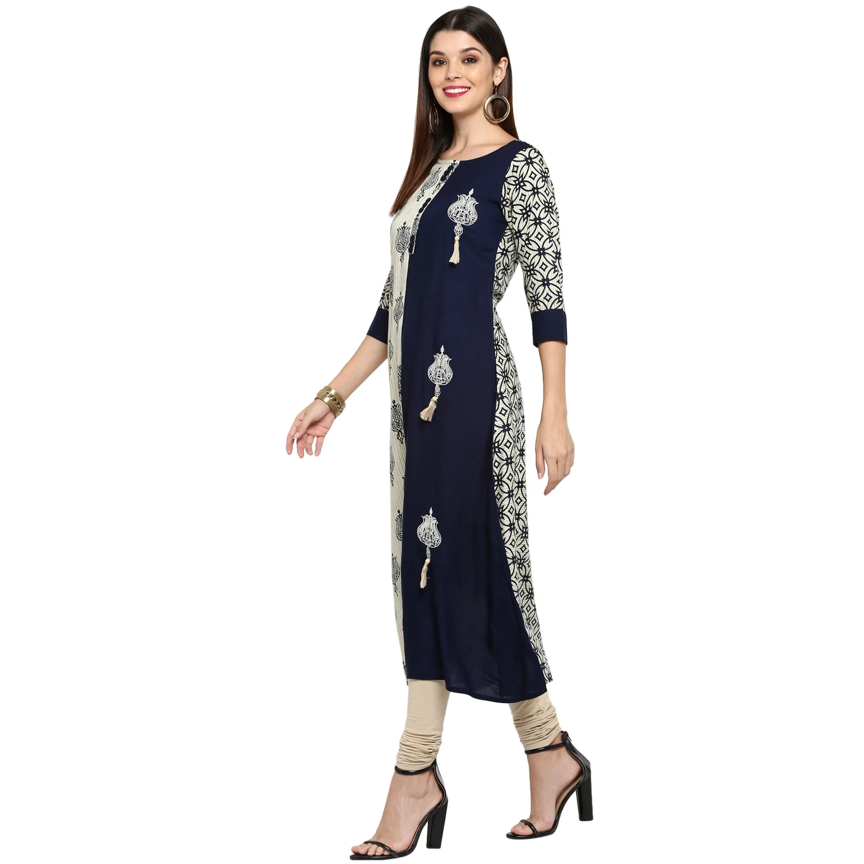 Women'S Blue & White Rayon Straight Kurta- (1Pc Set)