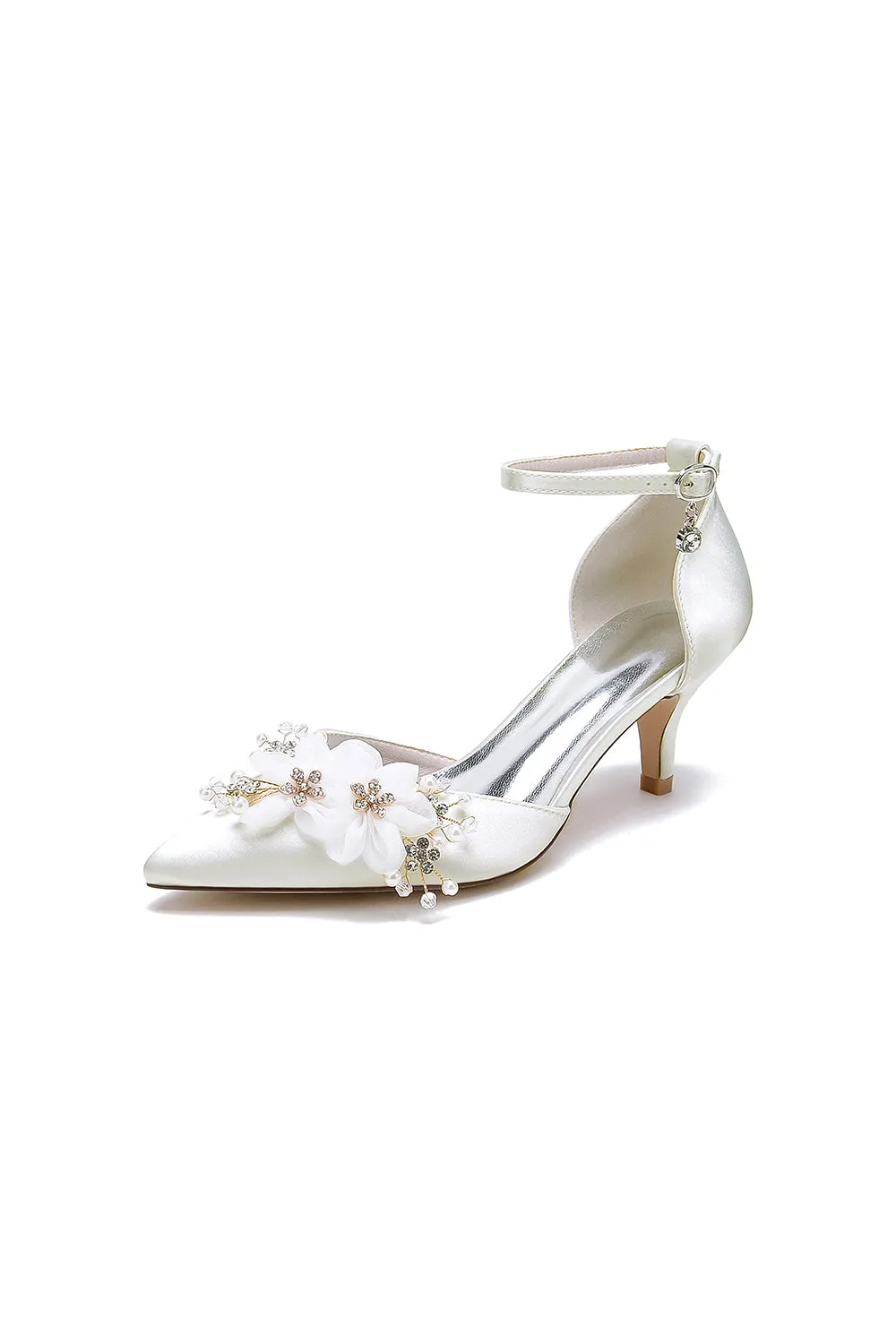 Women's Wedding Shoes Pointed Toe Ankle Strap Stiletto Heels with Rhinestone Flower
