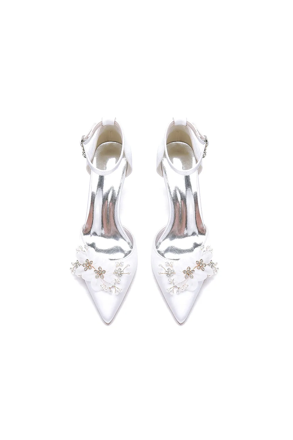 Women's Wedding Shoes Pointed Toe Ankle Strap Stiletto Heels with Rhinestone Flower